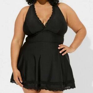 Torrid Wireless Mid Lace Trimmed Class Black Swim Dress with Brief Size 2X